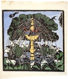 Artist: b'PRESTON, Margaret' | Title: b'Bird fountain' | Date: 1925 | Technique: b'woodcut, printed in black ink, from one block; hand-coloured' | Copyright: b'\xc2\xa9 Margaret Preston. Licensed by VISCOPY, Australia'