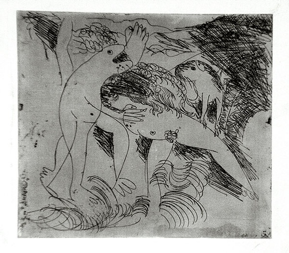 Artist: b'BOYD, Arthur' | Title: b'Figure in a river with beast and dog.' | Date: (1962-63) | Technique: b'etching and drypoint, printed in black ink, from one plate' | Copyright: b'Reproduced with permission of Bundanon Trust'