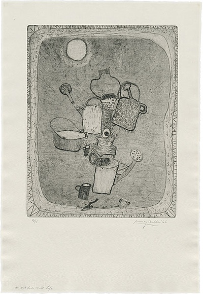 Artist: b'WALKER, Murray' | Title: b'An outdoor still life.' | Date: 1966 | Technique: b'softground-etching, printed in black ink, from one plate'