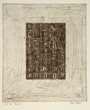 Artist: Partos, Paul. | Title: not titled [rectangular grid with dark spots on scratchy mid-tone surface] | Date: c.1988 | Technique: etching, printed in black ink with plate-tone, from one plate