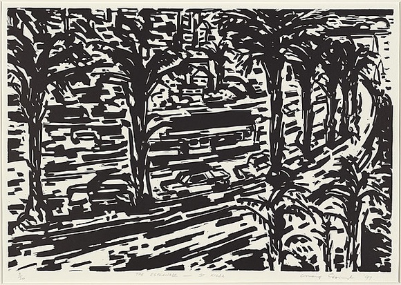 Artist: b'Gough, Craig.' | Title: b'The Esplanade - St Kilda' | Date: 1997 | Technique: b'linocut, printed in black ink, from one block'