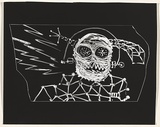 Title: b'not titled [bug-eyed bust and lightning bolts]' | Date: c.1993 | Technique: b'clich\xc3\xa9-verre, printed in black, from hand-drawn glass negative'