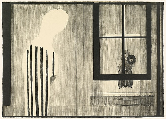 Title: b'not titled [figure viewing others through a window]' | Date: 1970 | Technique: b'lithograph, printed in black ink, from one stone'