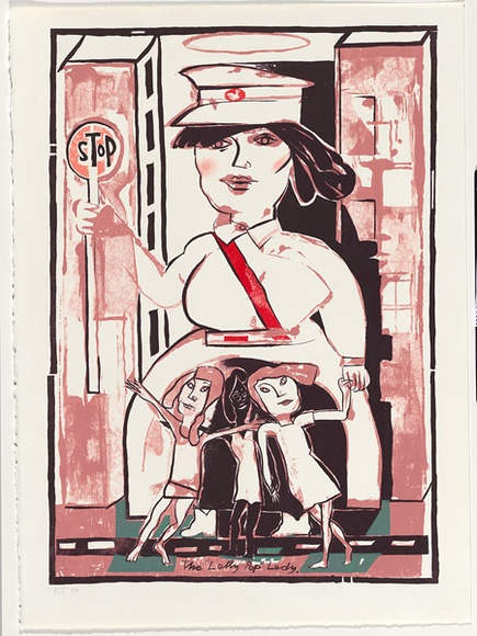 Artist: Sibley, Andrew. | Title: The lolly pop lady | Date: 1994 | Technique: lithograph, printed in pink, deep maroon, aqua and red inks, from three stones