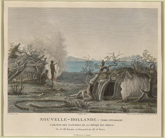 Title: bNouvelle Hollande: Terre d'Endracht Cabanes des Naturels de la Presque \xc3\xaele Peron. [New Holland: Eendracht Land. Aboriginal huts, Peron Peninsula.] | Date: 1807 | Technique: b'etching, printed in black ink, from one copper plate; hand-coloured at a later date'