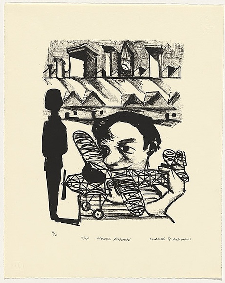 Artist: b'Blackman, Charles.' | Title: b'The model airplane.' | Date: 1984 | Technique: b'screenprint, printed in black ink, from one stencil'