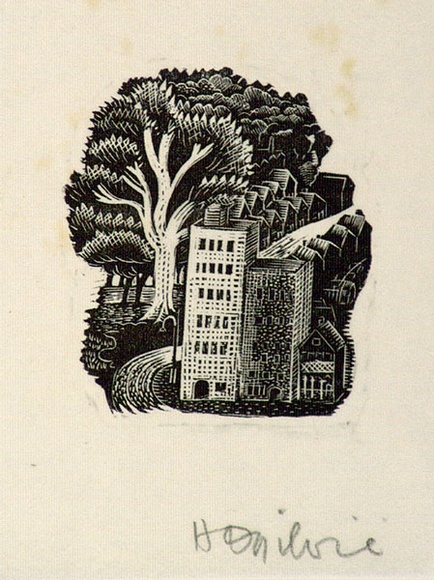 Artist: b'OGILVIE, Helen' | Title: bnot titled [Tall modern buildings, terrace houses, trees - a design used for catalogue covers/ invitations for the artist's exhibition] | Date: c.1944 | Technique: b'wood-engraving, printed in black ink, from one block'