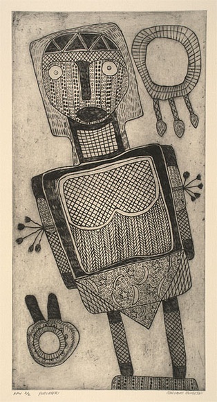 Artist: b'MUNGATOPI, Maryanne' | Title: b'Purukapali' | Date: 2001, March | Technique: b'etching and aquatint, printed in black ink, from one plate'