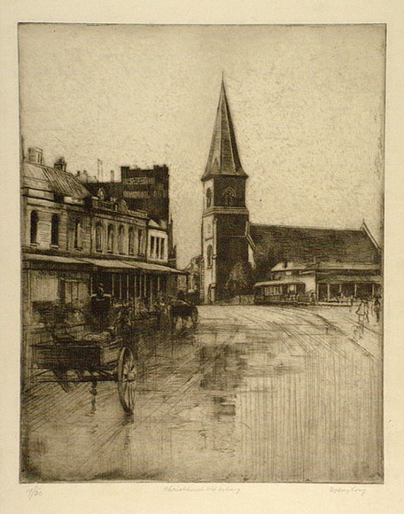 Artist: b'LONG, Sydney' | Title: b'Christ Church, Old Sydney' | Date: (1926) | Technique: b'line-etching, drypoint printed with some plate-tone, from one zinc plate' | Copyright: b'Reproduced with the kind permission of the Ophthalmic Research Institute of Australia'