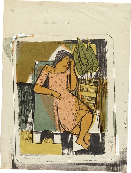 Artist: b'Brash, Barbara.' | Title: b'Seated woman.' | Date: c.1955 | Technique: b'lithograph, printed in colour, from four plates'