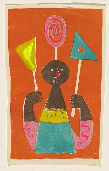 Title: b'not titled [figure with lollipop]' | Technique: b'linocut, printed in colour, from multiple blocks'