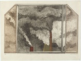 Artist: b'BALDESSIN, George' | Title: b'Window and factory smoke II.' | Date: 1970 | Technique: b'etching and aquatint, printed in black ink, from three plates; stencil, printed in colour, from three stencils'