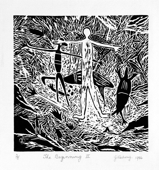 Artist: b'JENUARRIE' | Title: b'The beginning II' | Date: 1986 | Technique: b'llinocut, printed in black from one block'