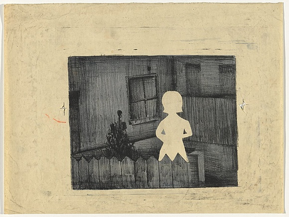 Artist: b'Blackman, Charles.' | Title: b'Figure by fence.' | Date: (1953-57) | Technique: b'lithograph, printed in colour, from two plates in blue and black ink'