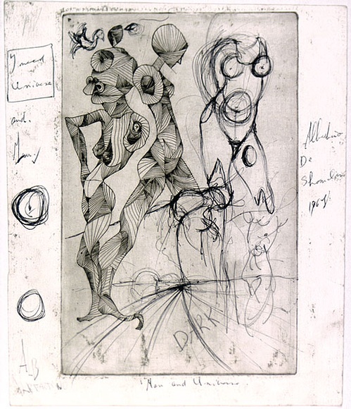 Artist: b'SHOMALY, Alberr' | Title: b'Man and universe [recto]; (sketch) [verso]' | Date: 1968 | Technique: b'engraving, printed in black ink, from one copper plate; additions in pencil and black ink'