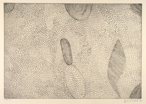Artist: b'Cherel, Kumanjayi (Butcher).' | Title: b'Manyi (bush potato)' | Date: 2001 | Technique: b'etching, printed in black ink, from one plate'