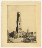 Artist: b'LONG, Sydney' | Title: b'The market place, Bruges' | Date: 1920 | Technique: b'line-etching, drypoint, printed in dark brown ink, from one copper plate' | Copyright: b'Reproduced with the kind permission of the Ophthalmic Research Institute of Australia'