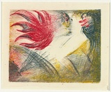 Artist: BOYD, Arthur | Title: (Two figures with blowing head and flames). | Date: 1960-70 | Technique: coloured print | Copyright: Reproduced with permission of Bundanon Trust