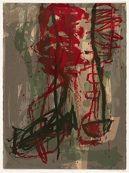 Artist: b'Thomson, Ann.' | Title: b'not titled [abstract in grey, green and red]' | Date: 1995 | Technique: b'screenprint, printed in colour, from five stencils'