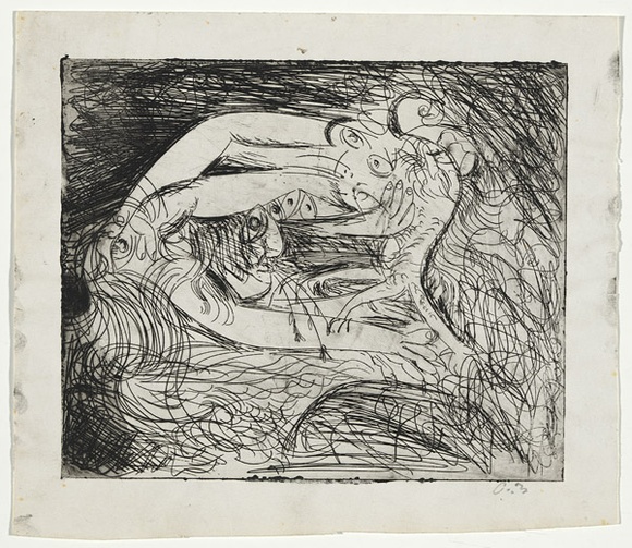 Artist: b'BOYD, Arthur' | Title: b'Figure with eyes grasping small ram.' | Date: (1962-63) | Technique: b'etching, printed in black ink, from one plate' | Copyright: b'Reproduced with permission of Bundanon Trust'