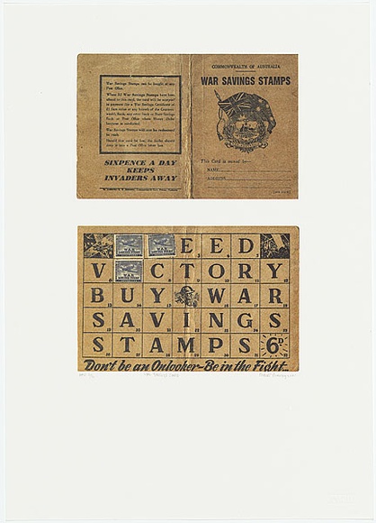 Artist: b'Rooney, Robert.' | Title: b'War savings card' | Date: 2001, July - August | Technique: b'photolithograph, printed in colour, from four colour-separation plates' | Copyright: b'Courtesy of Tolarno Galleries'
