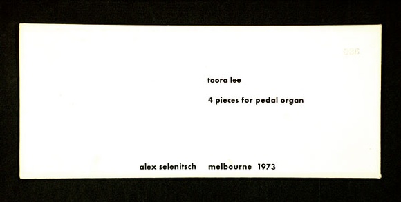 Artist: b'SELENITSCH, Alex' | Title: b'Toora Lee - 4 pieces for pedal organ.' | Date: 1973 | Technique: b'screenprint, printed in black ink, from one stencil'