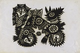 Artist: b'Kauage, Mathias.' | Title: b'Not titled [composition with three faces]' | Date: 1969 | Technique: b'woodcut, printed in warm black ink, from one block'