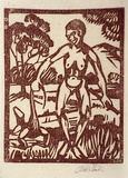 Artist: b'Stephen, Clive.' | Title: b'(Nude in landscape)' | Date: c.1948 | Technique: b'linocut, printed in brown ink, from one block'