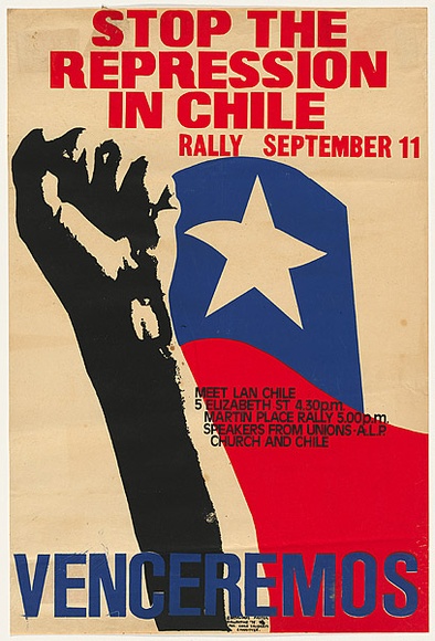 Artist: b'EARTHWORKS POSTER COLLECTIVE' | Title: b'Stop the repression in Chile: Venceremos [Rally Sydney 11 September 1975]' | Date: 1975 | Technique: b'screenprint, printed in colour, from multiple stencils'