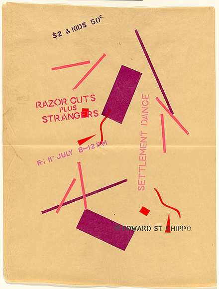 Artist: b'Stewart, Jeff.' | Title: b'Settlement dance: Razor Cuts plus Strangers.' | Date: (1980) | Technique: b'screenprint, printed in colour, from six stencils'