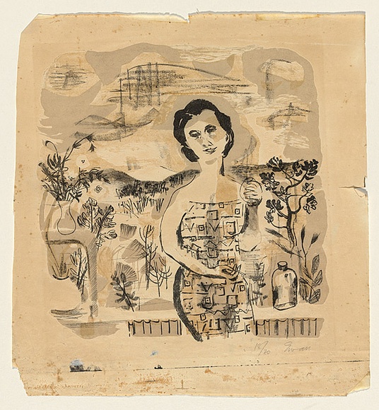 Title: b'not titled [woman holding a pot]' | Technique: b'lithograph, printed in colour, from three stones'