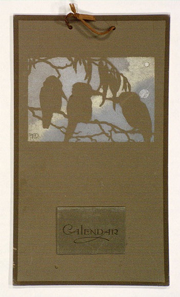 Artist: b'Derham, Frances.' | Title: b'Calendar: (Three kookaburras in moonlight).' | Date: (1920-21) | Technique: b'stencil, printed in colour'