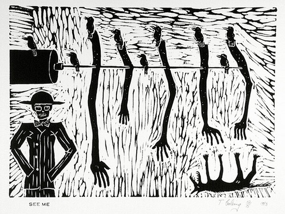 Artist: b'COLEING, Tony' | Title: b'See me.' | Date: 1983 | Technique: b'linocut, printed in black ink, from one block'