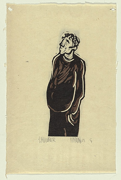 Title: b'Labourer' | Date: 1967 | Technique: b'linocut, printed in two colours, black and brown'