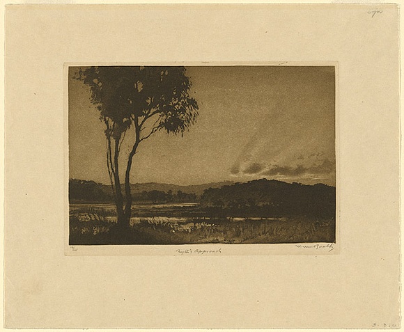 Artist: b'van RAALTE, Henri' | Title: bNight's approach | Date: c.1926 | Technique: b'aquatint, printed in warm black ink, from one plate'