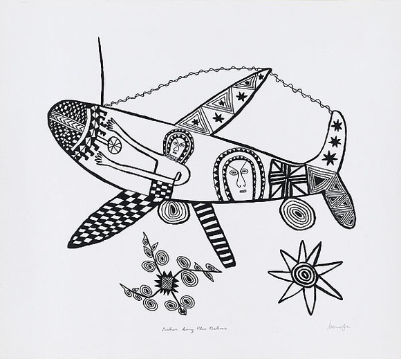 Artist: Kauage, Mathias. | Title: Balus long ples balus  [Aeroplane at the airport] | Date: 1977 | Technique: screenprint, printed in black ink, from one stencil