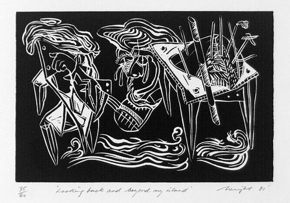 Artist: b'Wright, Doug.' | Title: b'Looking back and beyond my island' | Date: 1981 | Technique: b'linocut, printed in black ink, from one block'