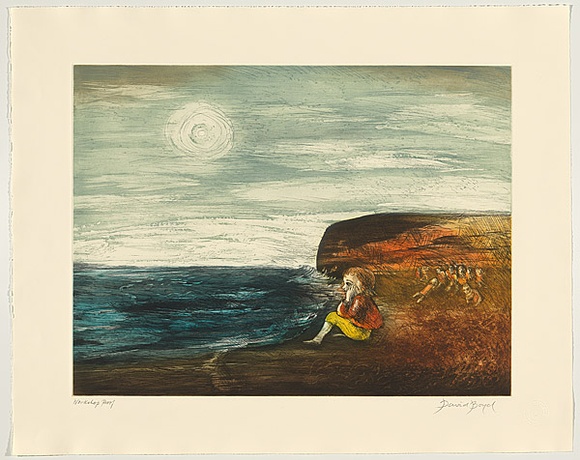 Title: b'Dreamer on the cliff' | Date: 2002 | Technique: b'etching, hardground, aquatint, burnishing and inked a-la-poupee, printed in colour, from two copper plates'