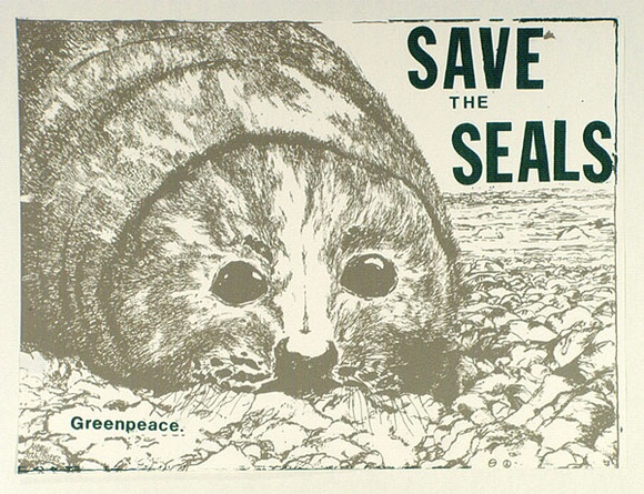 Artist: b'UNKNOWN' | Title: b'Save the seals. Greenpeace.' | Date: 1978 | Technique: b'screenprint, printed in colour, from two stencils'