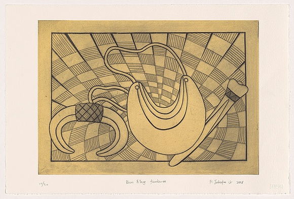 Artist: b'Jakupa [Junior], Pax.' | Title: bBun b'long tumbuna | Date: 2005 | Technique: b'etching, printed in black and yellow ink, from two plates'