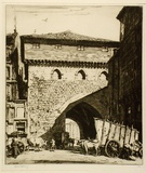 Artist: LINDSAY, Lionel | Title: The town gate, Burgos | Date: 1928 | Technique: drypoint, printed in brown ink with plate-tone, from one plate | Copyright: Courtesy of the National Library of Australia