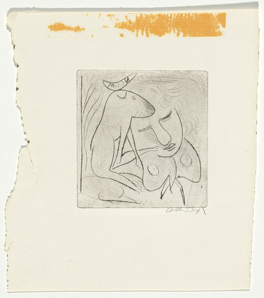 Artist: b'BOYD, Arthur' | Title: b'Head, dog, moth and quarter moon.' | Date: 1962-63 | Technique: b'drypoint, printed in black ink, from one plate' | Copyright: b'Reproduced with permission of Bundanon Trust'