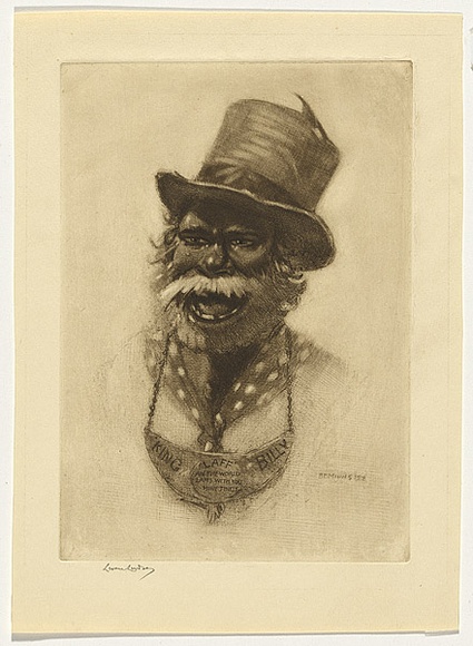 Artist: b'LINDSAY, Lionel' | Title: b'King Billy' | Date: 1918 | Technique: b'etching, roulette and burnishing, printed in brown ink with plate-tone, from one plate' | Copyright: b'Courtesy of the National Library of Australia'