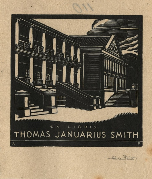 Artist: b'FEINT, Adrian' | Title: b'Bookplate: Thomas Januarius Smith.' | Date: (1932) | Technique: b'wood-engraving, printed in black ink, from one block' | Copyright: b'Courtesy the Estate of Adrian Feint'