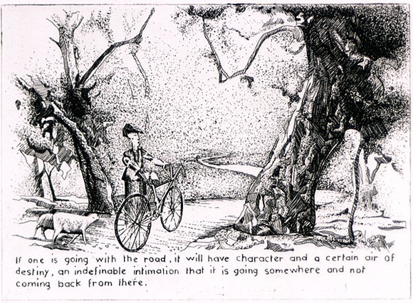 Artist: b'Tillers, Imants.' | Title: b'If one is going with the road, it will have character and a certain air of destiny, ...' | Date: 1976 | Technique: b'etching and aquatint, printed in brown ink with plate-tone, from one copper plate' | Copyright: b'Courtesy of the artist'