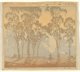 Artist: b'The Warners.' | Title: b'Making camp' | Date: c.1935 | Technique: b'linocut, printed in colour, from multiple blocks'