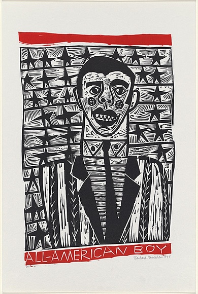 Artist: b'HANRAHAN, Barbara' | Title: b'All American boy' | Date: 1975 | Technique: b'linocut, printed in black ink from three blocks'