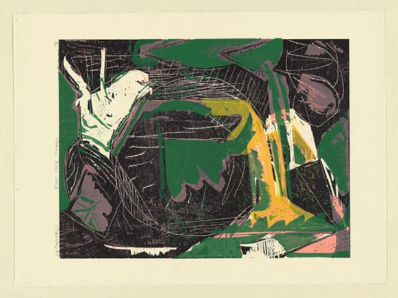 Artist: b'Marsden, David' | Title: b'Rhonnis knows where' | Date: 1985 | Technique: b'woodcut, printed in colour'