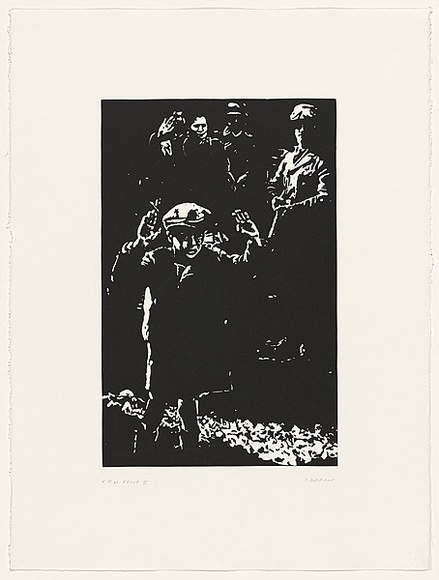 Artist: b'Durrant, Ivan.' | Title: b'not titled [child with arms raised and held at gun point]' | Date: 1990 | Technique: b'screenprint, printed in black ink, from one photo-stencil'