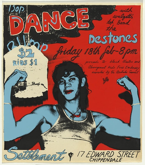 Artist: b'WORSTEAD, Paul' | Title: bBop Dance with Walgett's top band the  Destones ... Settlement, 17 Edwards Street Chippendale | Date: 1978 | Technique: b'screenprint, printed in colour, from three stencils' | Copyright: b'This work appears on screen courtesy of the artist'